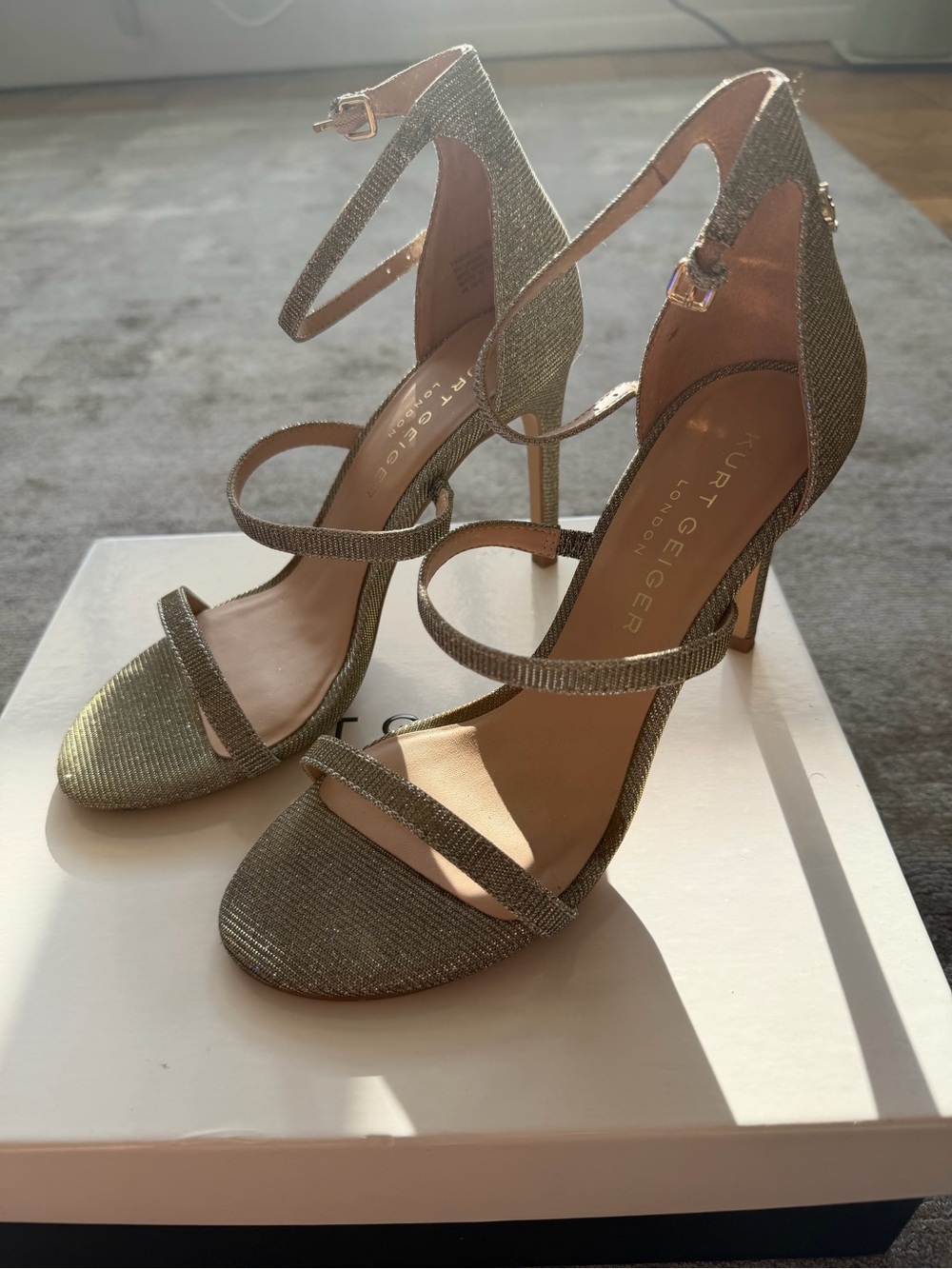 Kurt Geiger London Park Lane Silver Glitter Strappy Heels – US 7 / EU 37
